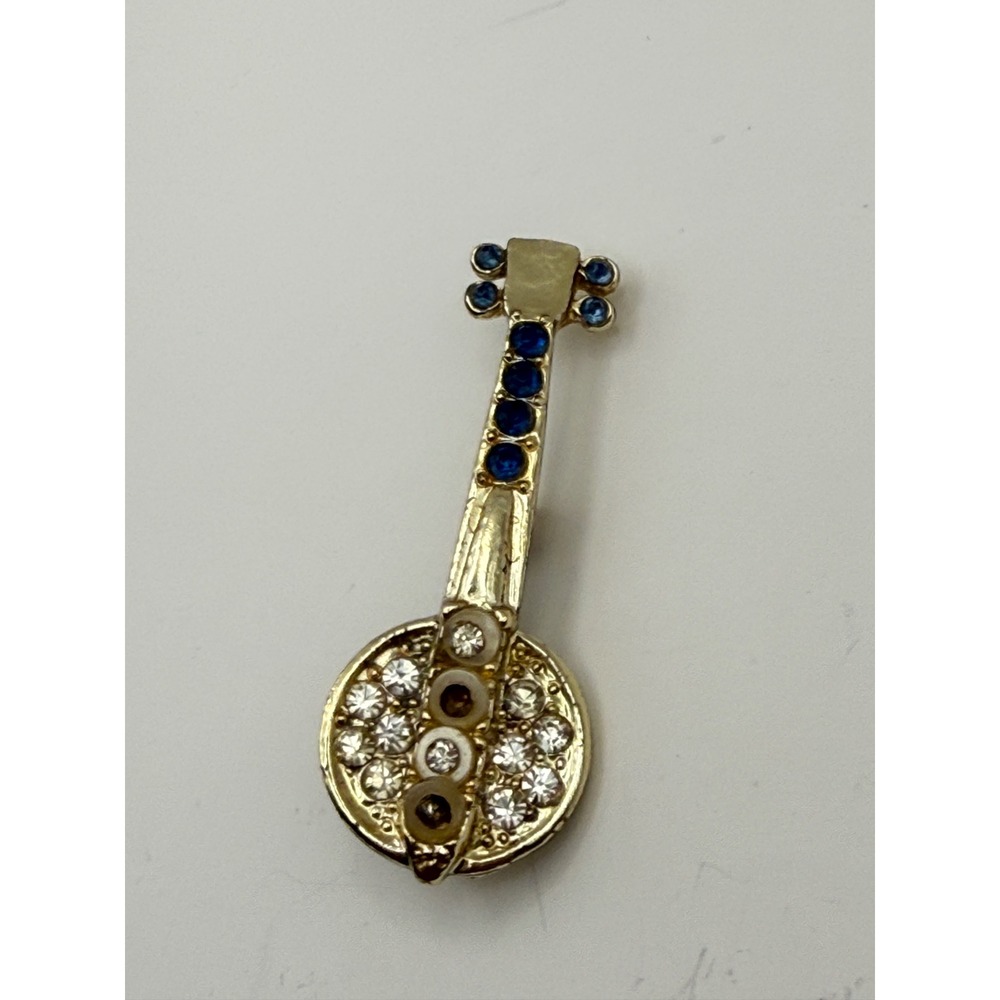 Vintage Gold Tone Rhinestone Banjo Musical Instrument Brooch Pin
